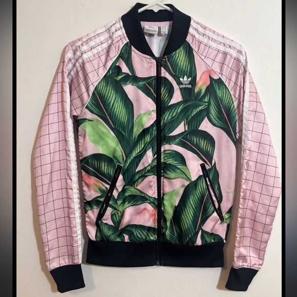 Adidas Women's Pink and Green Leaf Print Jacket - Picture 2 of 6
